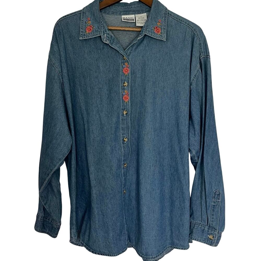 Vintage Embroidered Floral Denim Long Sleeve Shirt Button Down Oversized Size XL